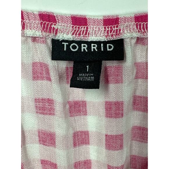 Torrid Fit & Flare Rayon Slub Button Up 3/4 Sleeve Gingham Peasant Top Size 1X - Picture 7 of 15